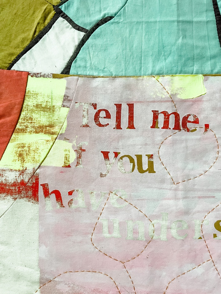 Tell Me: textile artwork 80cm by 80cm