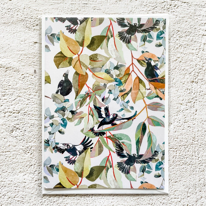 Greeting Card: Magpies and Gum Leaves