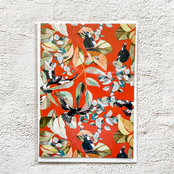 Greeting Card: Rust Magpies and Gum Leaves