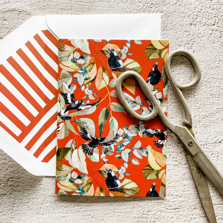Greeting Card: Rust Magpies and Gum Leaves