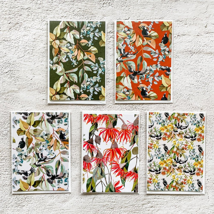 Greeting Card: Rust Magpies and Gum Leaves