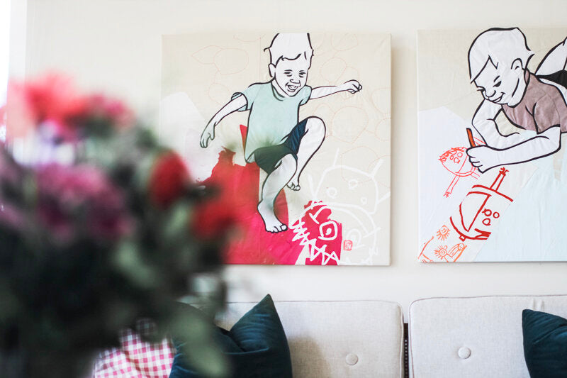 Watch Us Bounce: textile artwork 80cm by 80cm