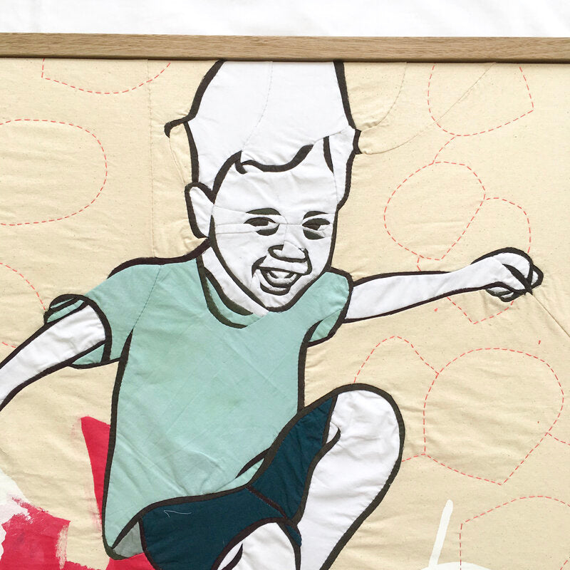 Watch Us Bounce: textile artwork 80cm by 80cm