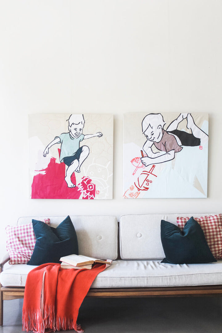 Watch Us Bounce: textile artwork 80cm by 80cm